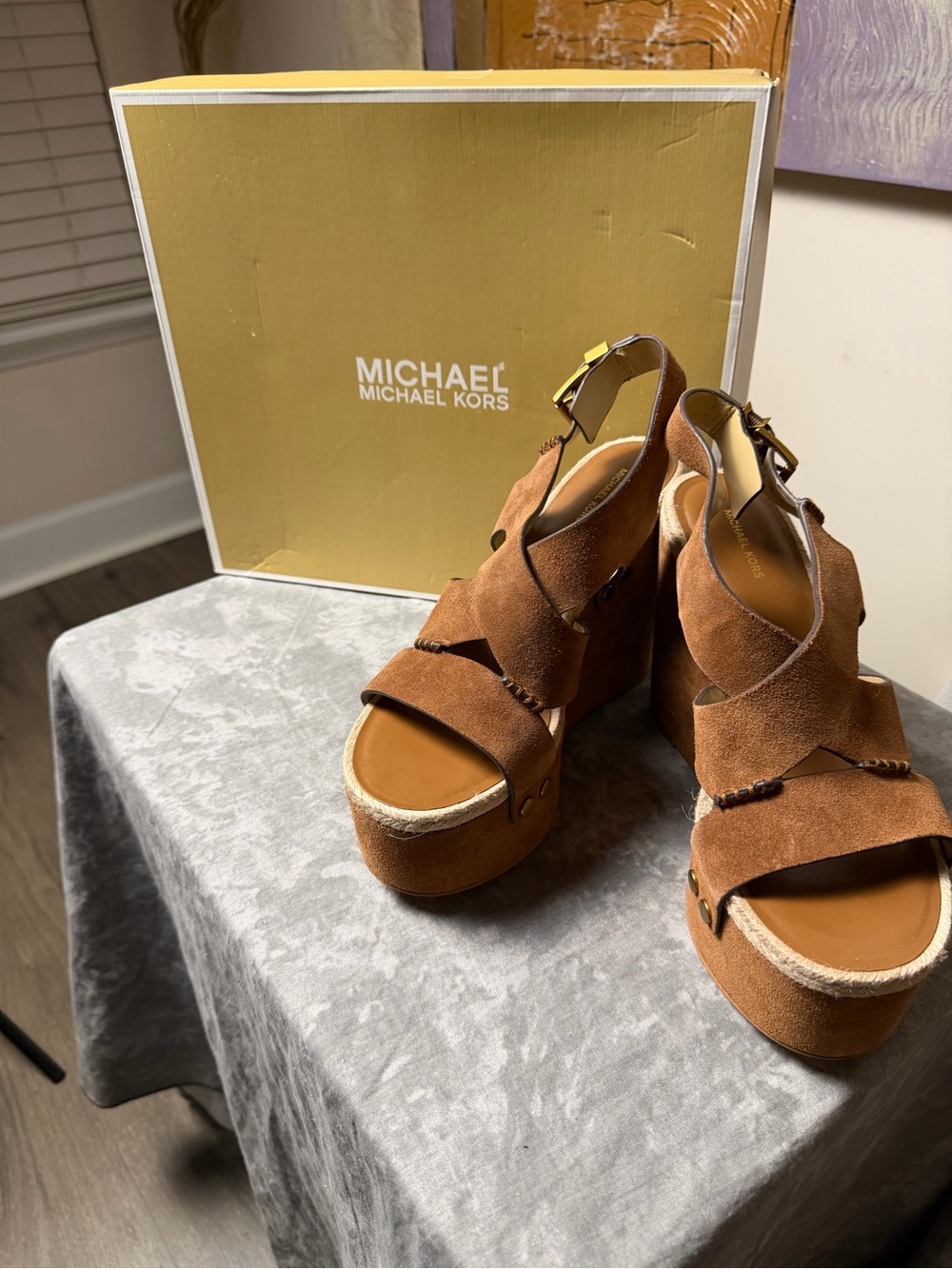 Brand New Michael Kors Raven  Suede Wedge Sandals